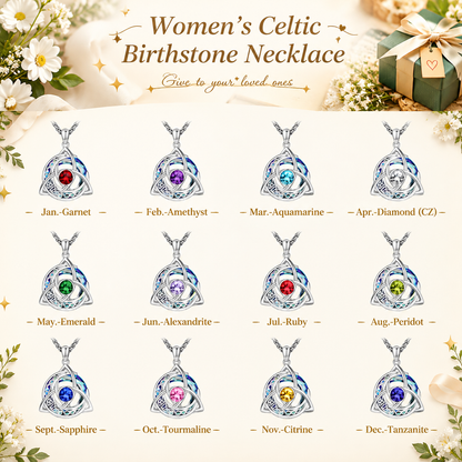 Women's Celtic Birthstone Necklace - Trinity Knot-Triquetra Crescent Moon Pendant