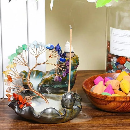 7 Chakra Waterfall Fountain Crystal Tree for Luck Incense Burner Holder