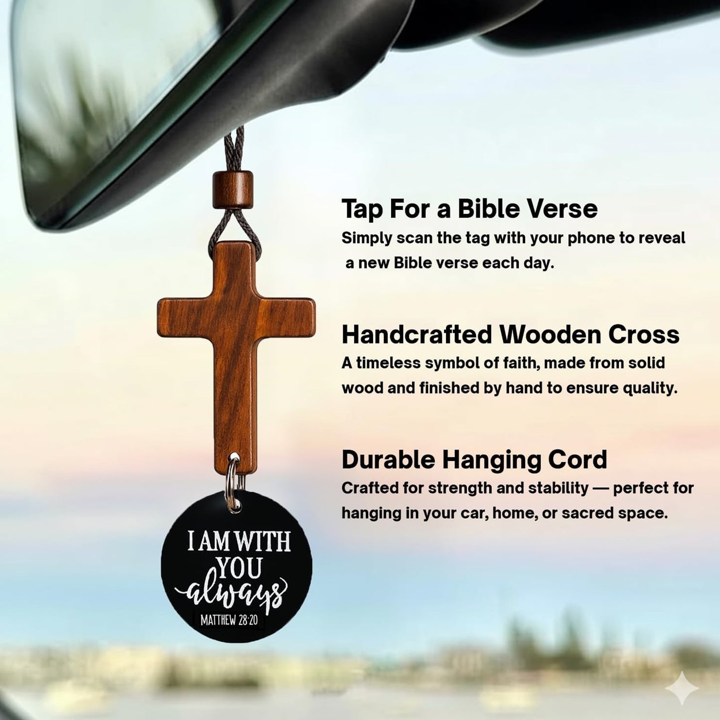 Daily Scripture Car Charm Hanging Cross for Car with “I Am with You Always” Medallion
