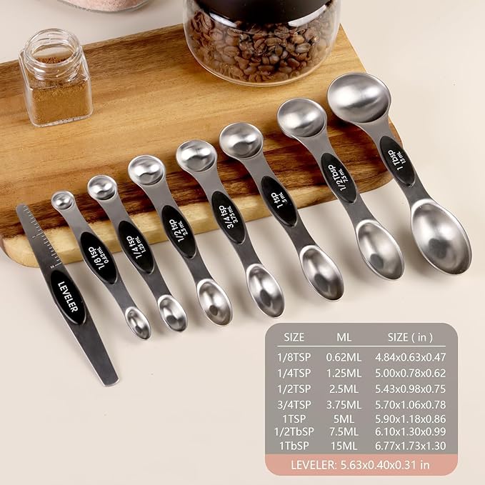 8Pcs Stainless Steel Magnetic Measuring Spoons Set of 8 with Leveler, Dual Sided Metal Tablespoon Measuring Spoons