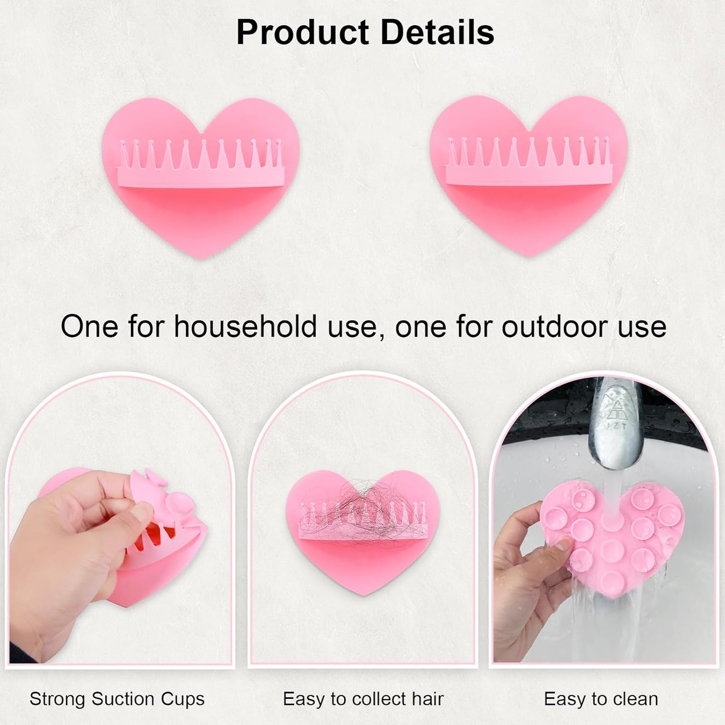2PCS Reusable Silicone Heart Shape Wall-Mount Suction Shower Hair Collector