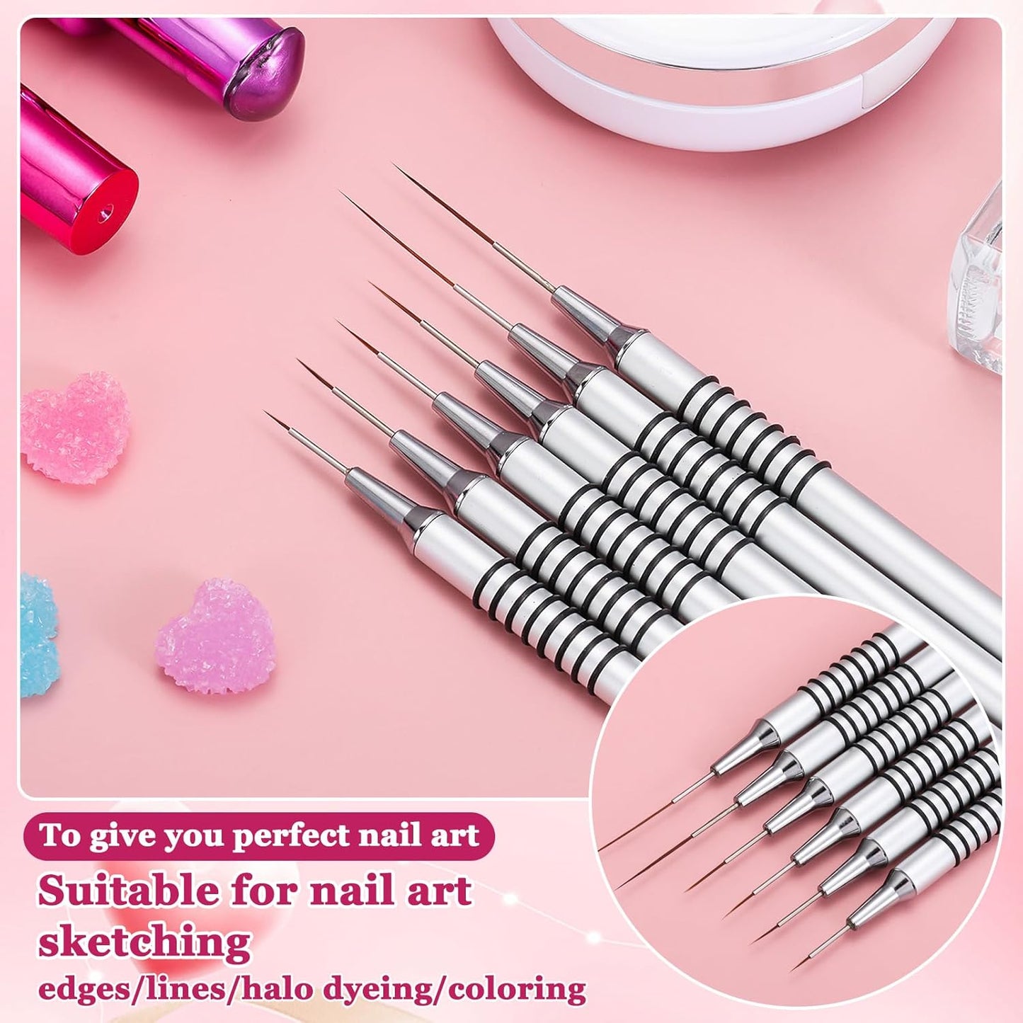 6Pcs Non Slip Liner Brush Set, UV Gel Polish Painting Art Design Pen for Long Lines, Thin Details