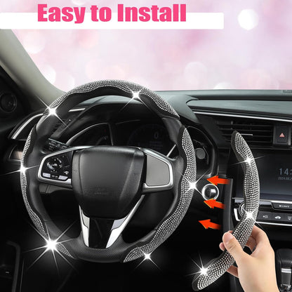 3PCS Segmented Diamond Bling Car Steering Wheel Cover, Universal for 99% Cars for Women