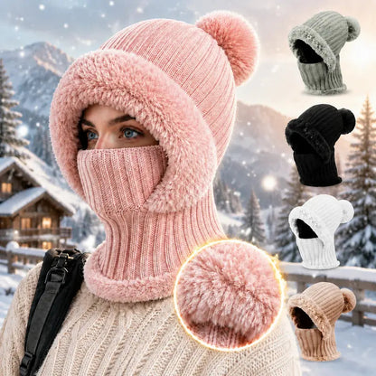 Womens Knit Beanie Hat Fleece Lined Winter Scarf Mask Set Snow Caps Plush Earmuff Skull Hats with Pompom