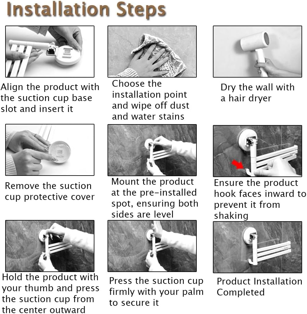Wall Mounted Nail Free Installation Suction Cup Towel Bar - Swivel Towel Racks for Bathroom