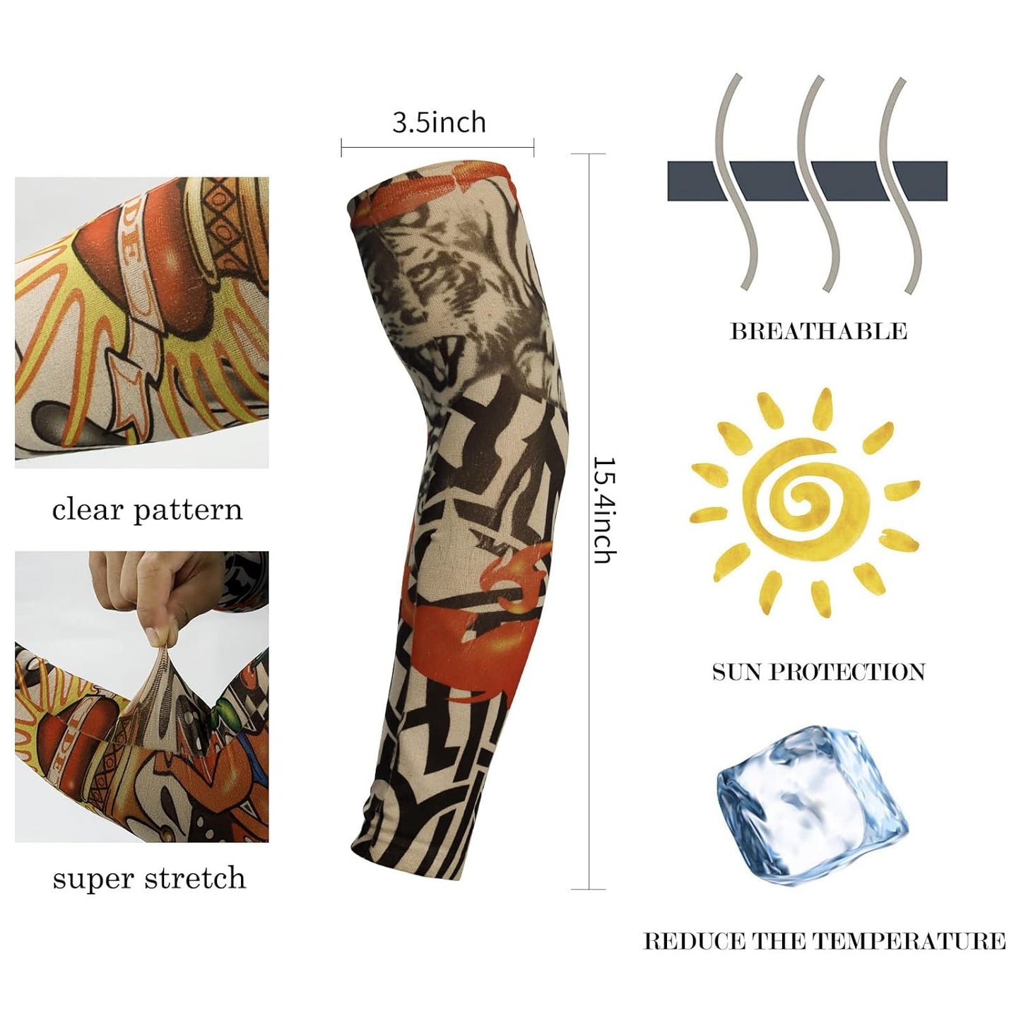5PCS Fake Temporary Tattoo Sleeves Slip on Arm Sunscreen Body Art Arm Stockings