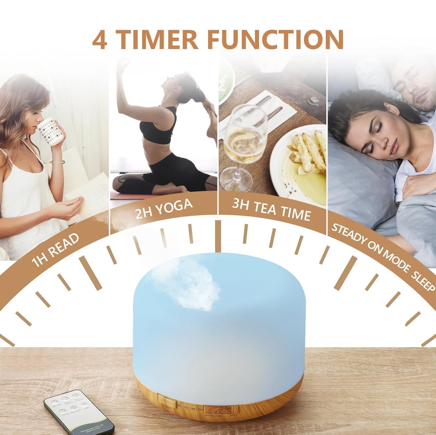 Essential Oil Diffusers with 2 Mist Mode 4 Timers＆7 Ambient Light