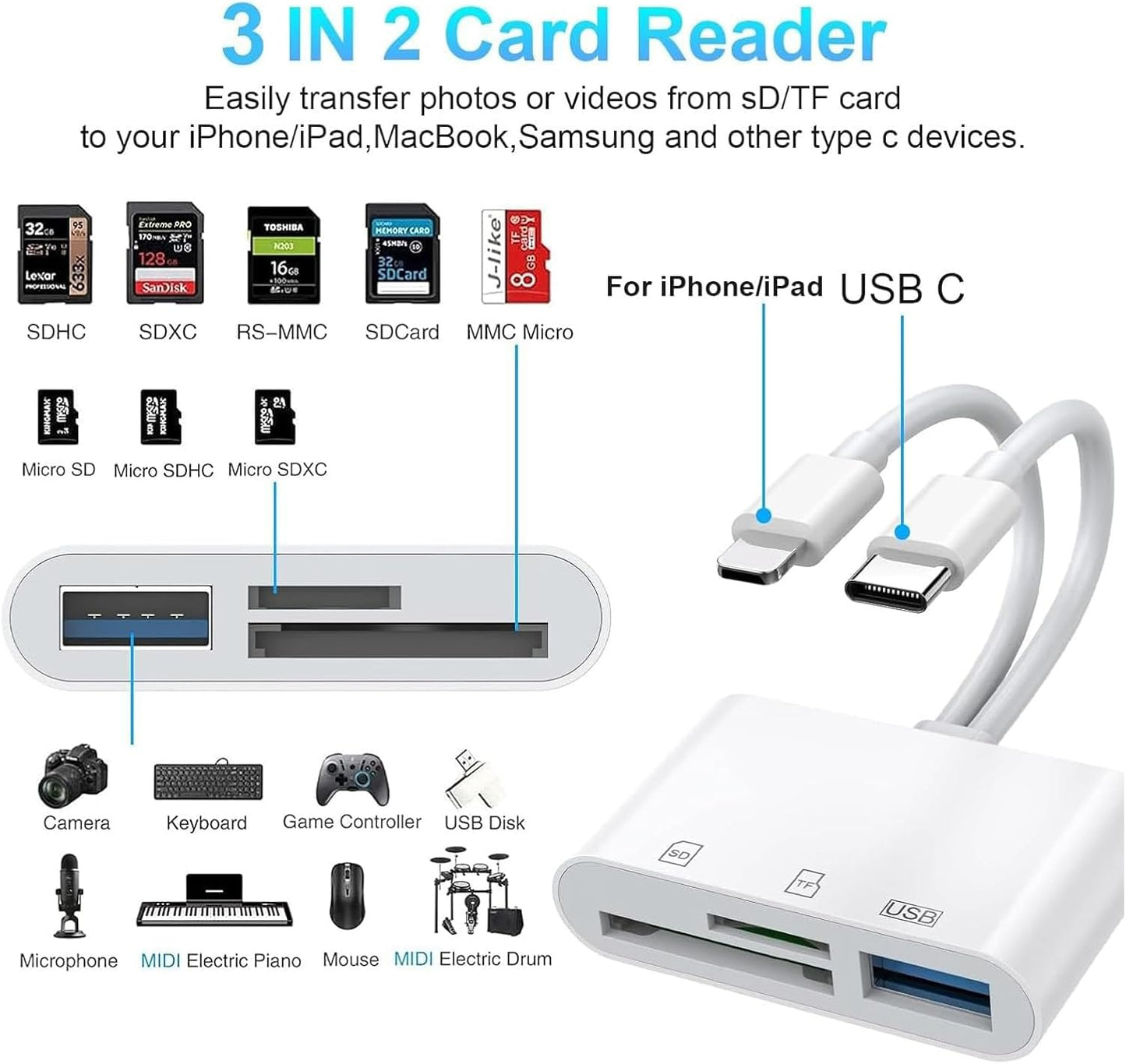 USB SD Card Reader SD Card Reader, USB-C & Lightning Dual Port Connectors