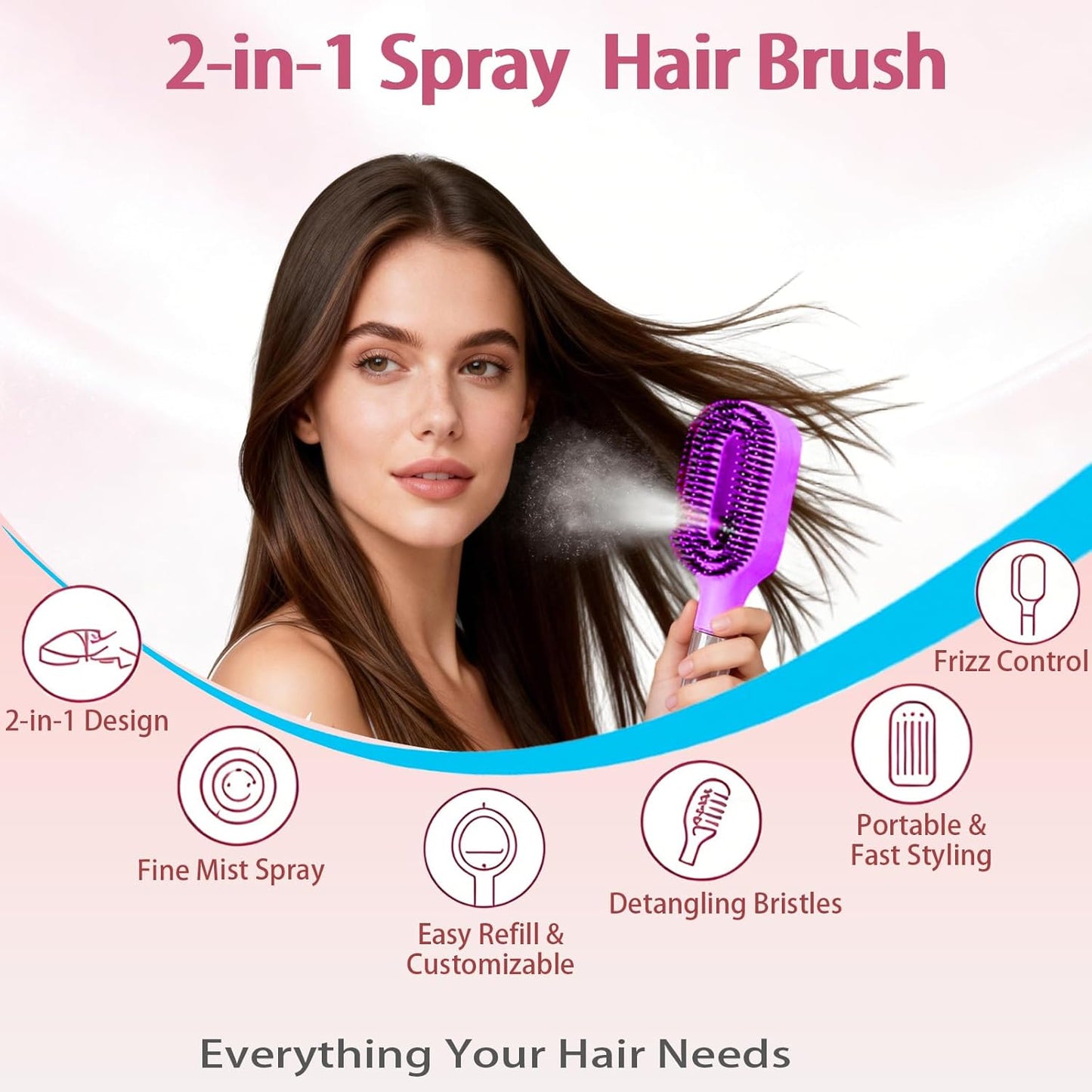 2-in-1 Hair Brush with Water Spray Mister For Smooth