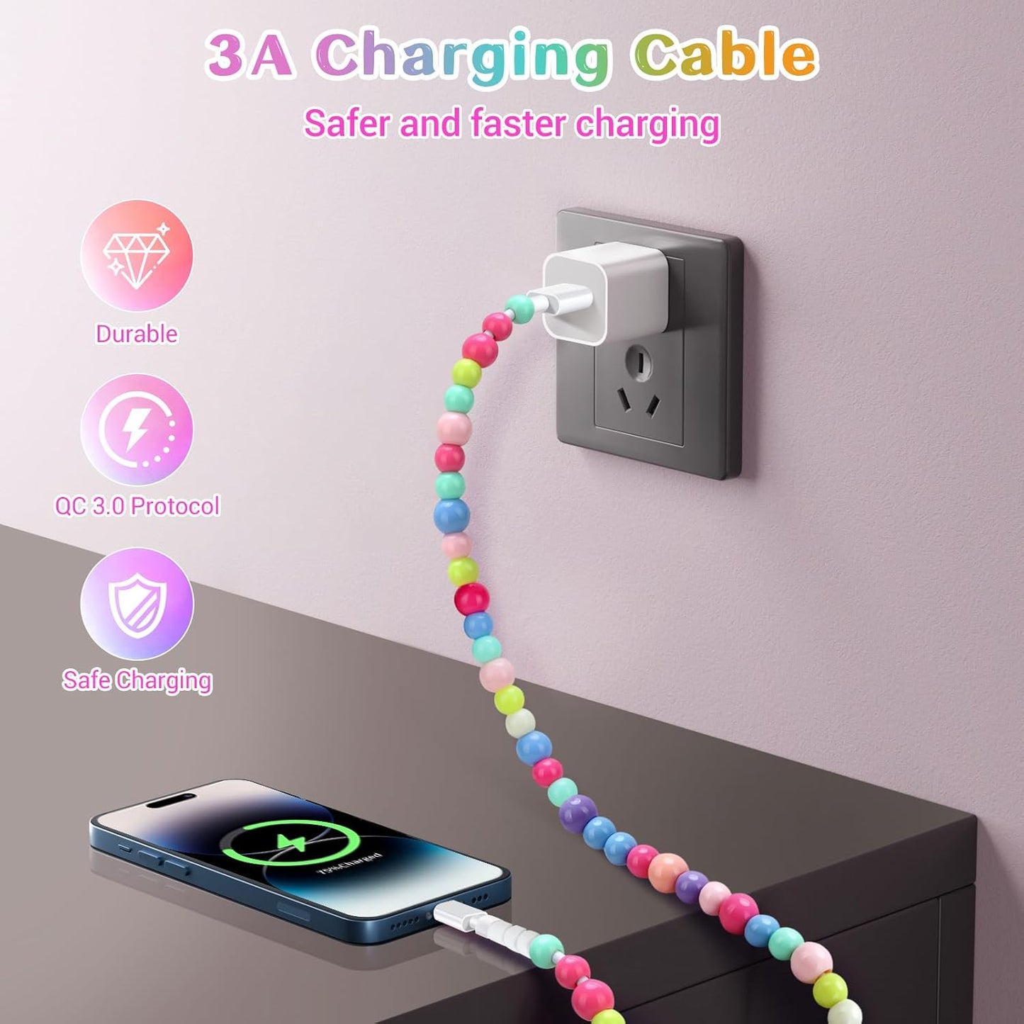 Adorable Pearl Bead USB-C to USB-C Fast Charging Cable (1m)