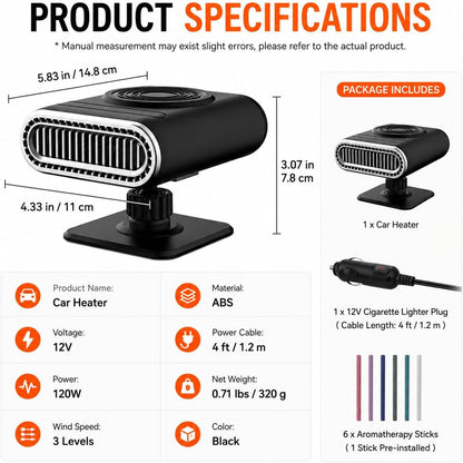 12V Portable Car Heater Power, Adjustable Defogging Windshield Demister