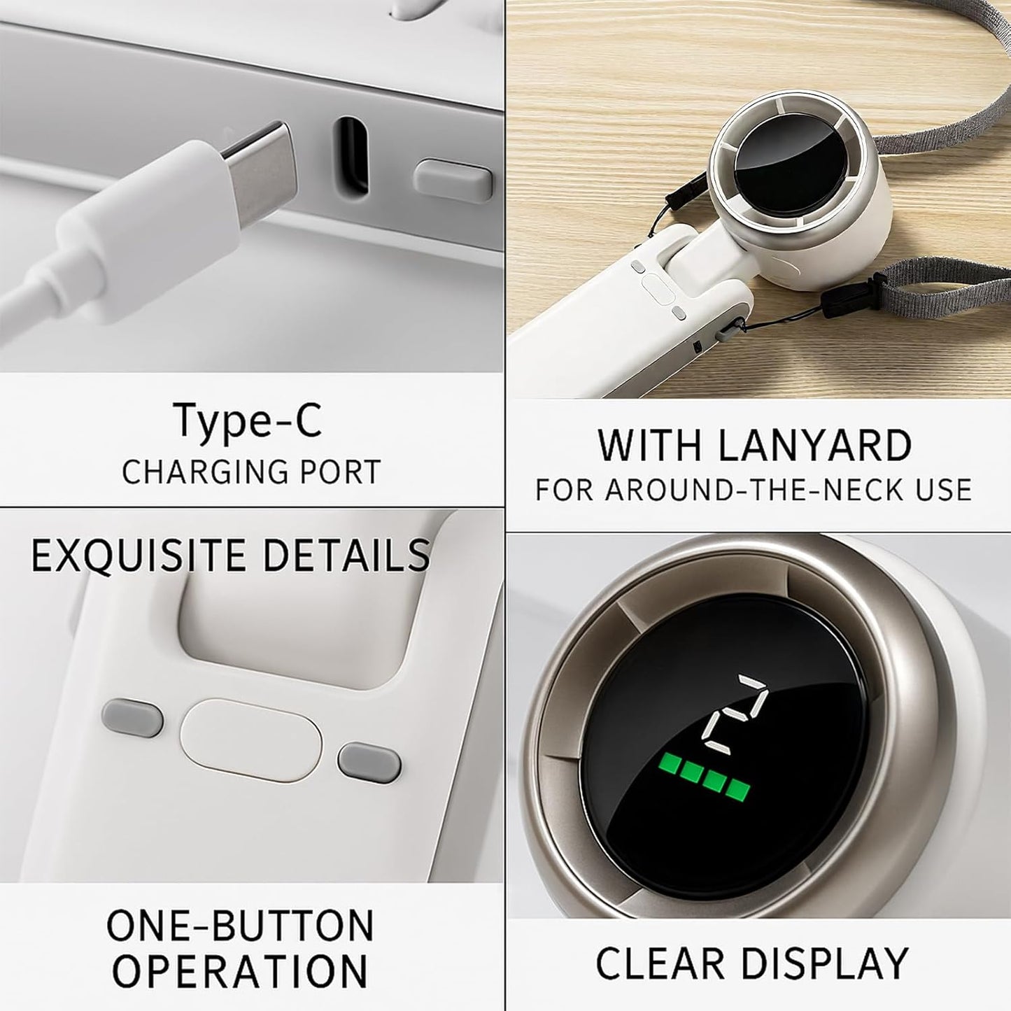Portable Handheld Fan, 5-Speed Turbo Wind, Digital LED Display, 1800mAh Rechargeable Battery