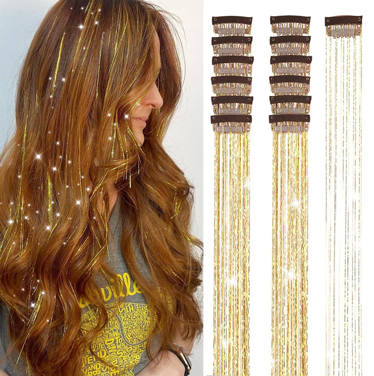 Clip in Hair Tinsel, 12 Pcs 20 Inch Colorful Glitter Hair Extensions Kit