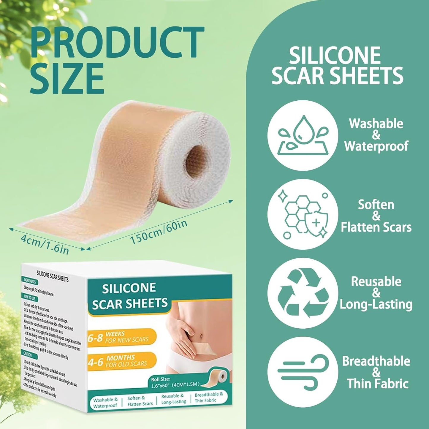 1 Roll Silicone Scar Sheets for Scar Removal - 1.6” x 60” Reusable Medical Grade Strips
