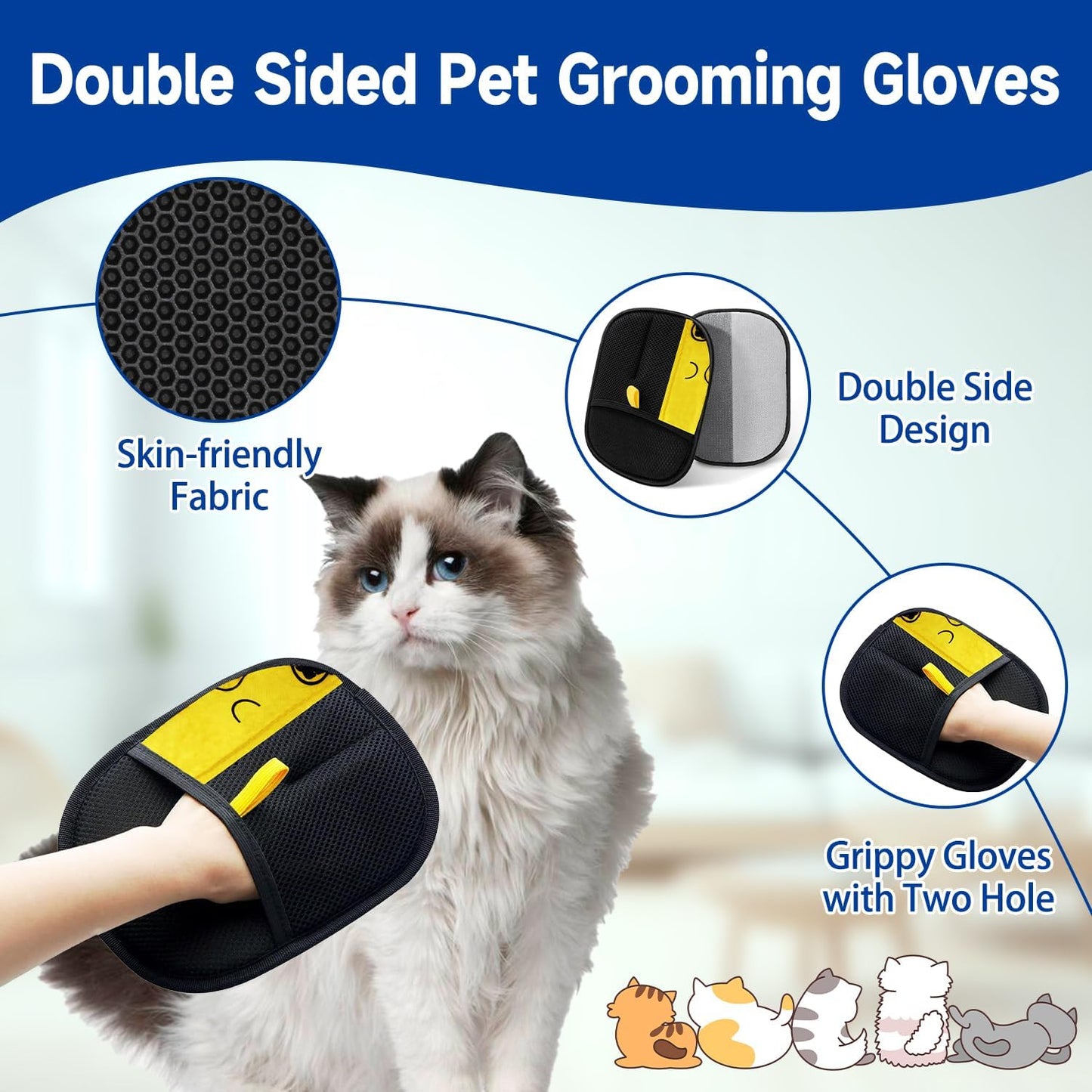 Pet Hair Removal Gloves - Efficient Fur Collector for Dogs Cats Soft Grooming Mitts Easy Clean