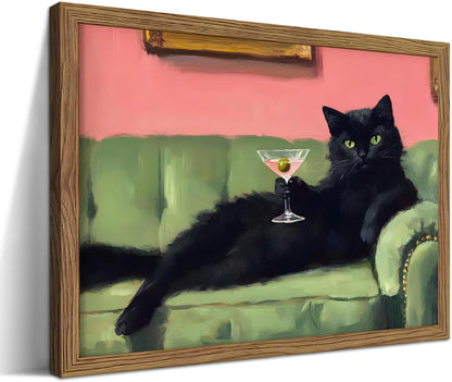 Funny Black Cat Martini Wall Art, Bar Cart Decor, Eclectic Cocktail Painting Canvas Print Frame Not Included