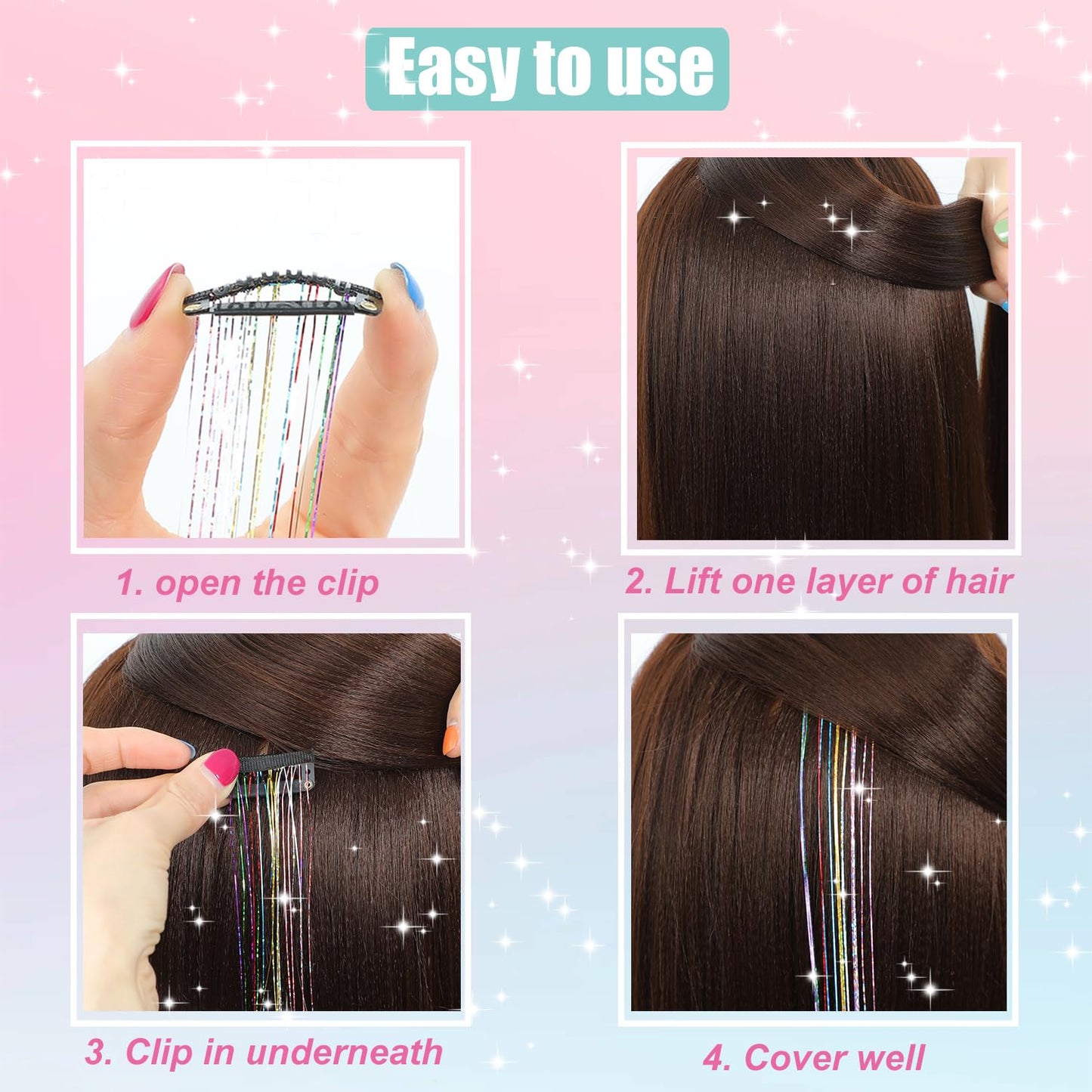 Clip in Hair Tinsel, 12 Pcs 20 Inch Colorful Glitter Hair Extensions Kit
