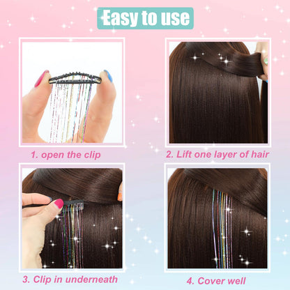 Clip in Hair Tinsel, 12 Pcs 20 Inch Colorful Glitter Hair Extensions Kit