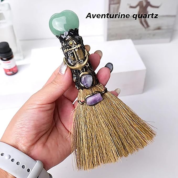 Natural Green Aventurine Magic Broom HandmadeWitch Broom Reiki Healing Crystal