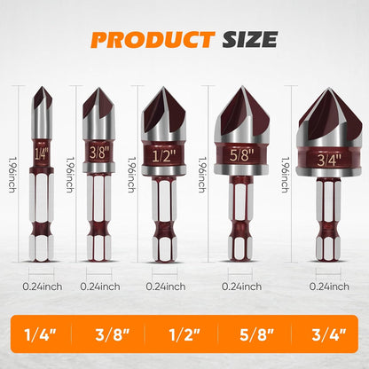 5PCS Countersink Drill Bit Set, 82 Degree HSS Counter Sink Drill Bits for Wood, Metal, Plastic