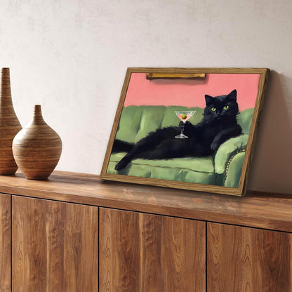 Funny Black Cat Martini Wall Art, Bar Cart Decor, Eclectic Cocktail Painting Canvas Print Frame Not Included