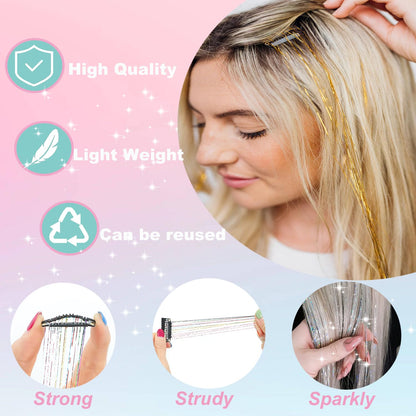 Clip in Hair Tinsel, 12 Pcs 20 Inch Colorful Glitter Hair Extensions Kit