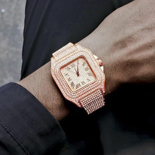 Fashion Hip Hop Men's Crystal Watch Bling Bling Watch Rectangle Case