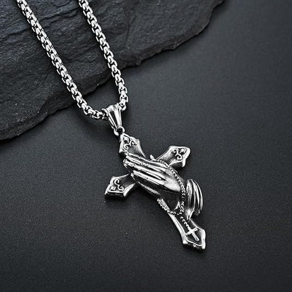 Praying Hands Cross Necklace, Serenity Prayer Pendant, Christian Cross Jewelry Gift for Men Women