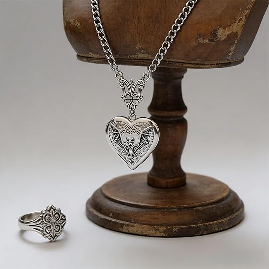 Bat Heart Necklace for Women, Gotic Locket Pendant Jewelry