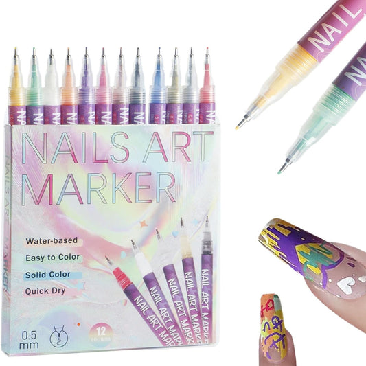 Nail Art Pen Set | Quick Dry Manicure Paint Kit with 12 Colors Fine Tip Markers