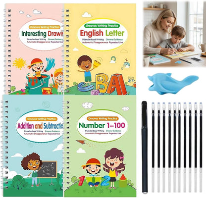 Magic Grooved Writing Practice Books - Full Set 4 Book with 10 Replacement Refills+1 Pen+1 Pencil Grip