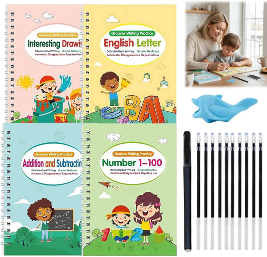Magic Grooved Writing Practice Books - Full Set 4 Book with 10 Replacement Refills+1 Pen+1 Pencil Grip