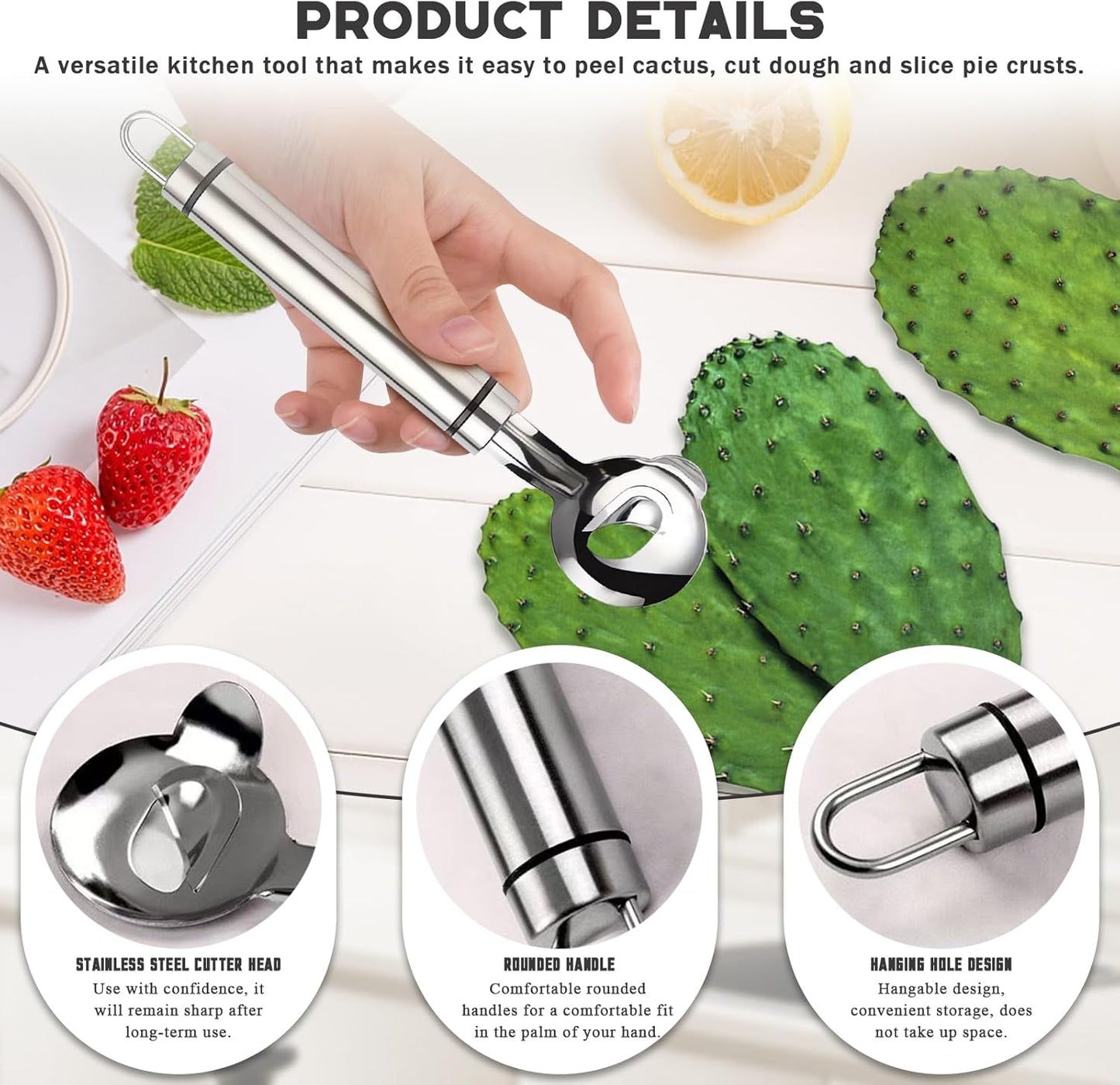 Stainless Steel Peeler Cactus, Cuchara Peladora De Nopales Tool Noodle Cutter Knife With Hole with Long Handle
