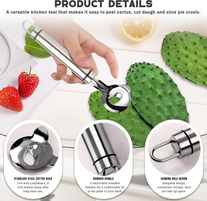 Stainless Steel Peeler Cactus, Cuchara Peladora De Nopales Tool Noodle Cutter Knife With Hole with Long Handle