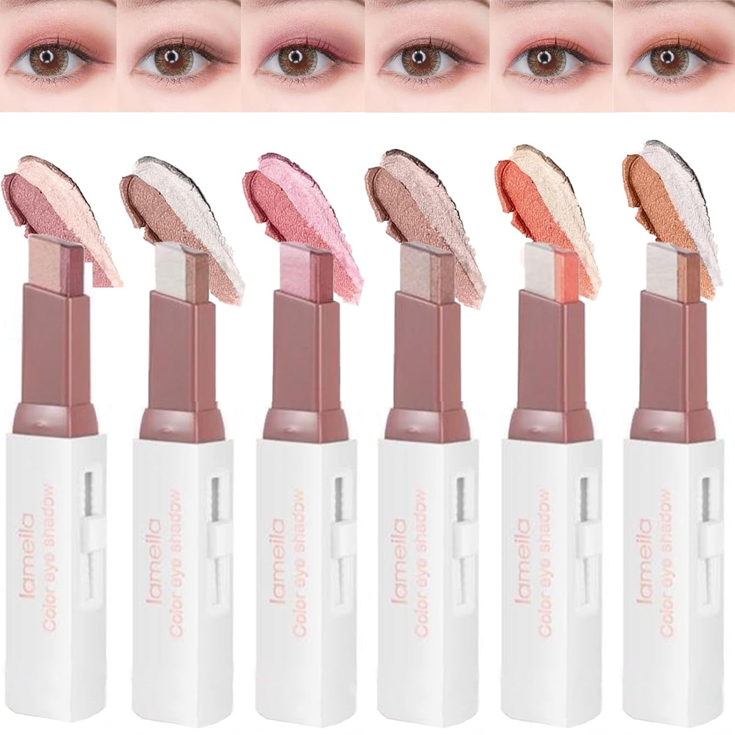 6 Pcs Shimmery Eyeshadow Stick Two Color Eye Glitter Shadow Pencils with Waterproof and Retractable Eye Shadow