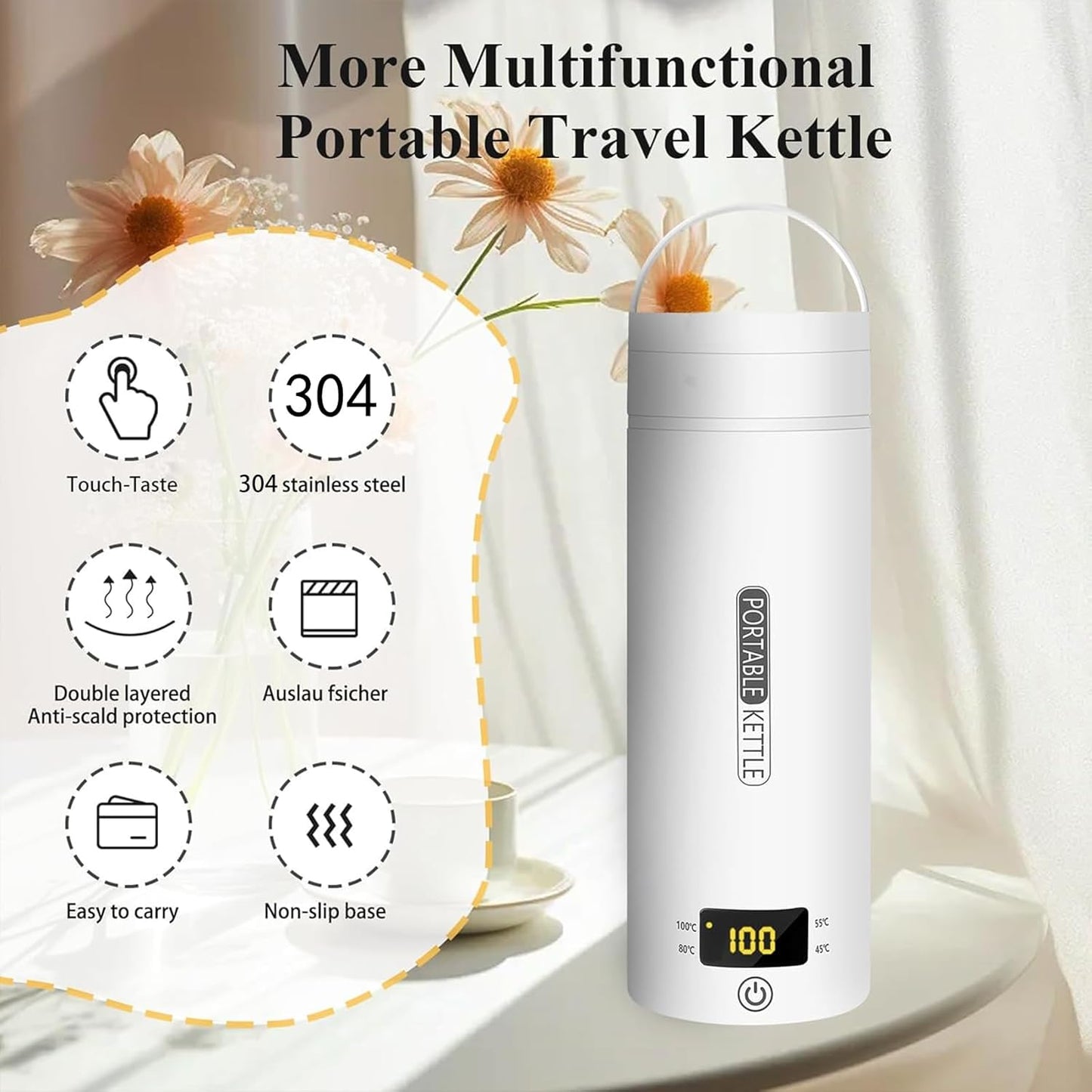 Portable Kettle for Trave with 4 Variable Presets 450ML- 304 Stainless Steel