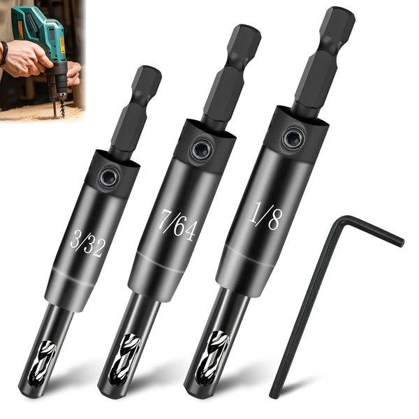 3pcs Upgraded Self-Centering Hinge Drill Bit Set with Hex Key