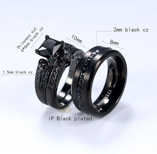 Couple Ring His Hers Women Black Gold Filled Cz Men Stainless Steel