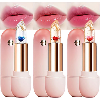 3PCS Flower Lipsticks Clear Jelly Lip Tint Set with Temperature Change Color and Moisturizing