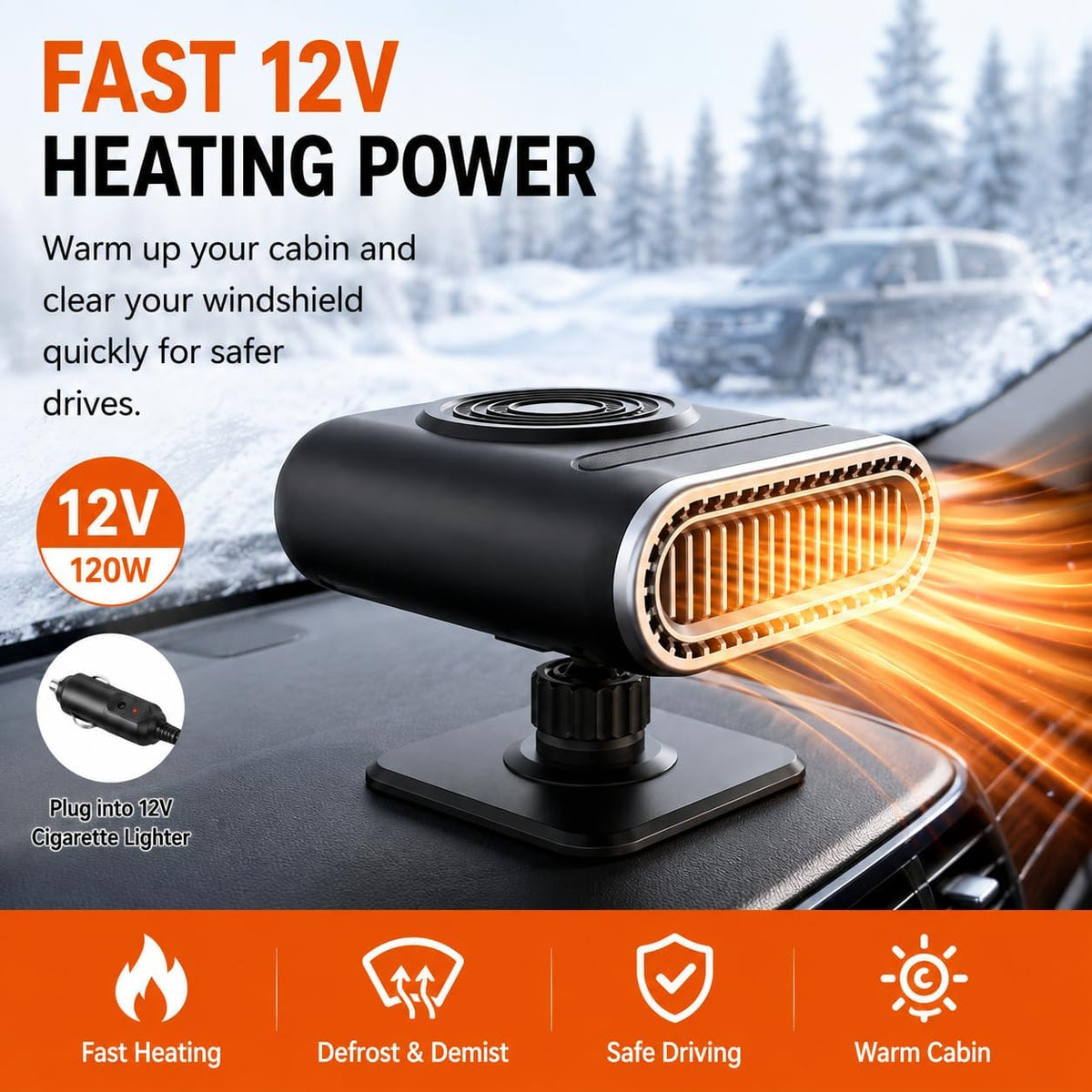 12V Portable Car Heater Power, Adjustable Defogging Windshield Demister