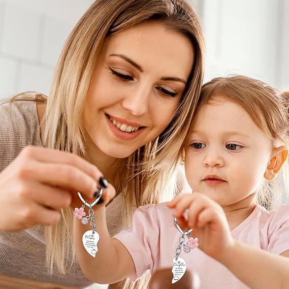 Mother Daughter Matching Keychain - 2 Piece Metal Heart Keychain, Charm for Purse