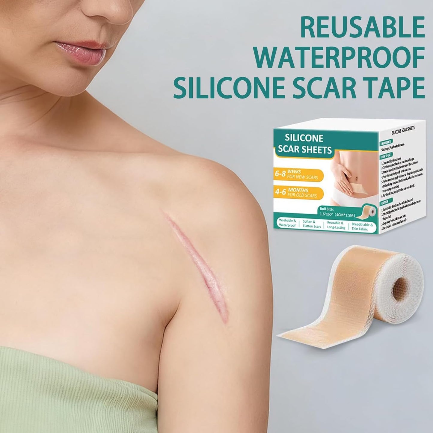 1 Roll Silicone Scar Sheets for Scar Removal - 1.6” x 60” Reusable Medical Grade Strips