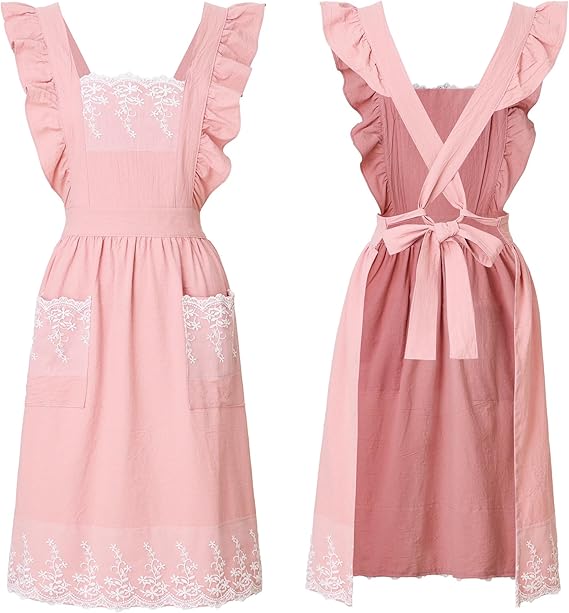 Vintage Apron for Women with Pockets, Lace Cute Cotton Linen Cross Back Apron