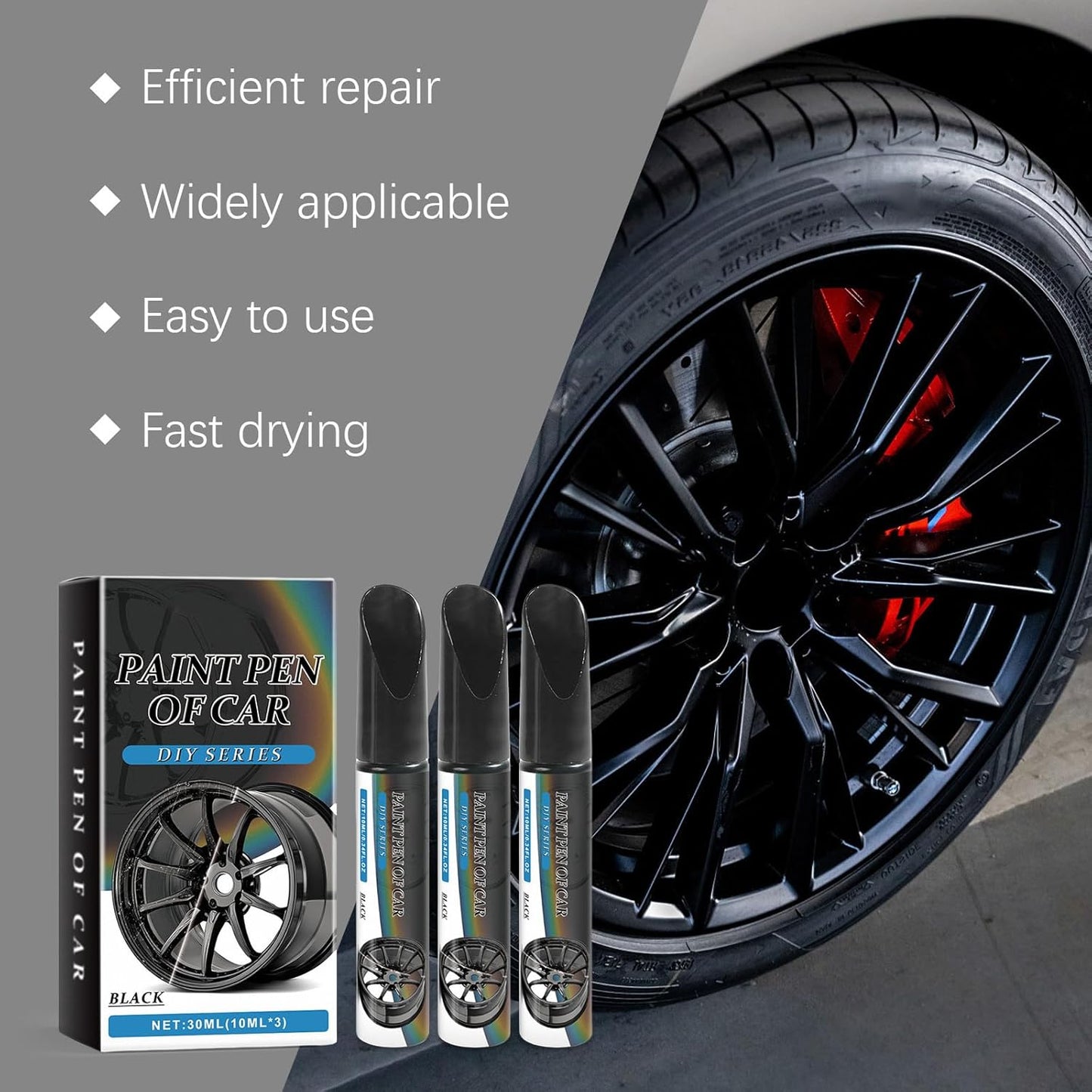 3-Pack Black Alloy Wheel Repair Pen Set for Scratched Rims & Hubcaps