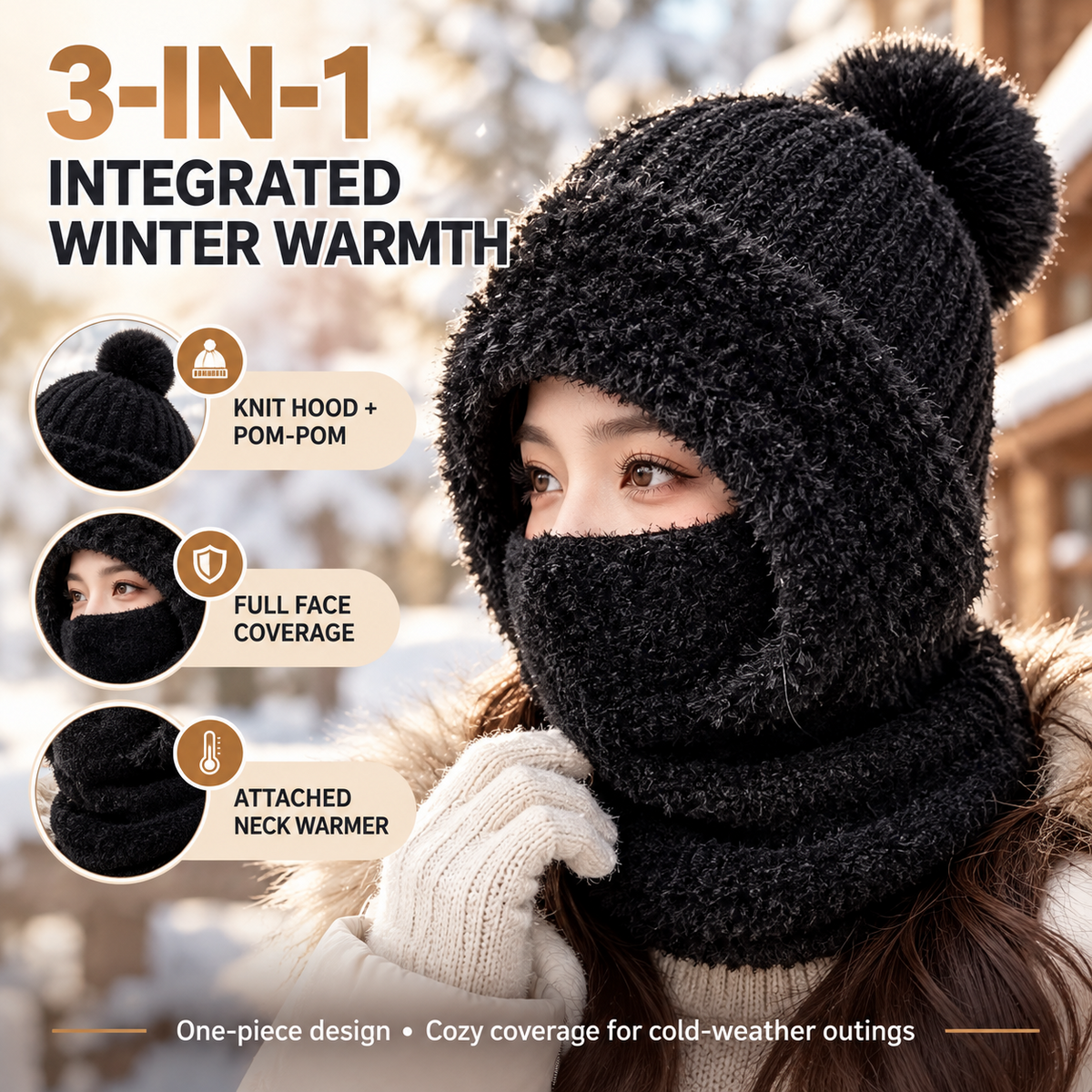 Womens Knit Beanie Hat Fleece Lined Winter Scarf Mask Set Snow Caps Plush Earmuff Skull Hats with Pompom