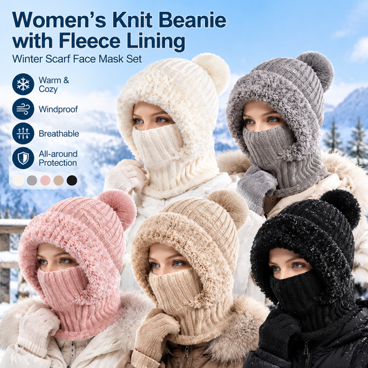 Womens Knit Beanie Hat Fleece Lined Winter Scarf Mask Set Snow Caps Plush Earmuff Skull Hats with Pompom
