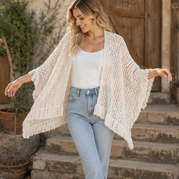 Handmade Beige Fringed Shawl
