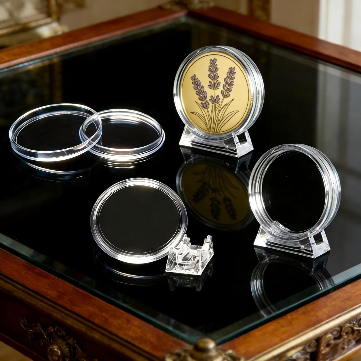 10PCS Clear coin display stand with a stable base