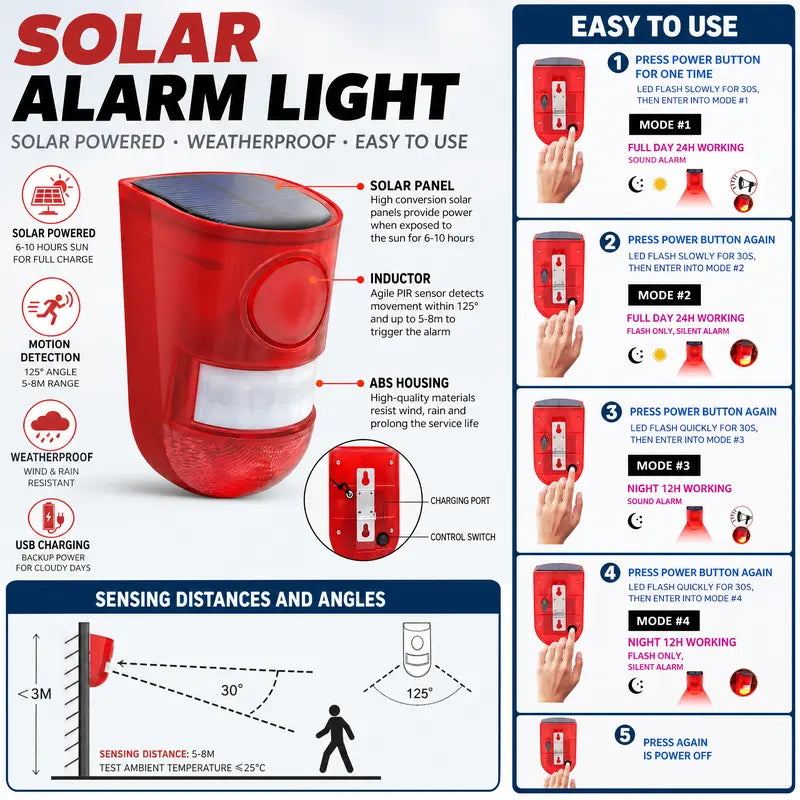 129dB Solar Powered Siren Alarm with Motion Sensor