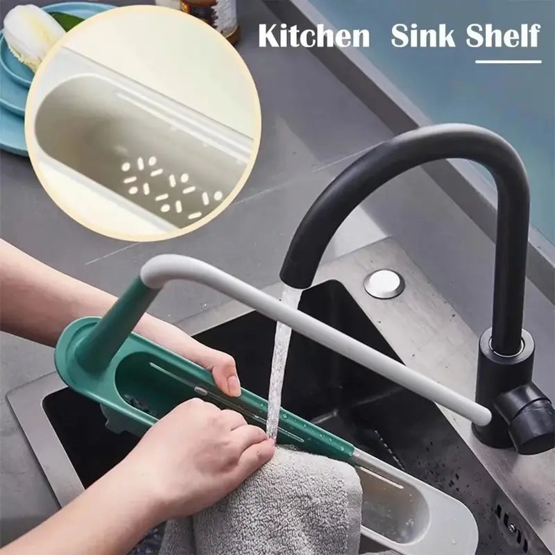 Adjustable Telescopic Sink Organizer with Cloth Hanging Rod